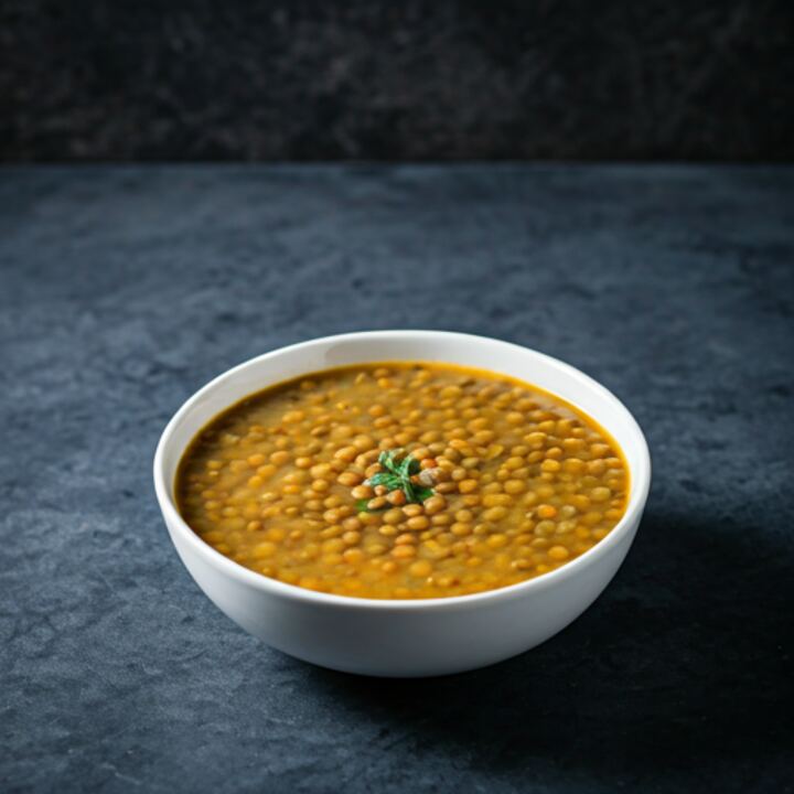 Red lentil soup with cumin in a white bowl