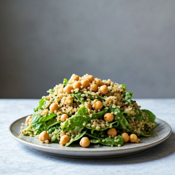Lemon quinoa with roasted chickpeas in a white bowl