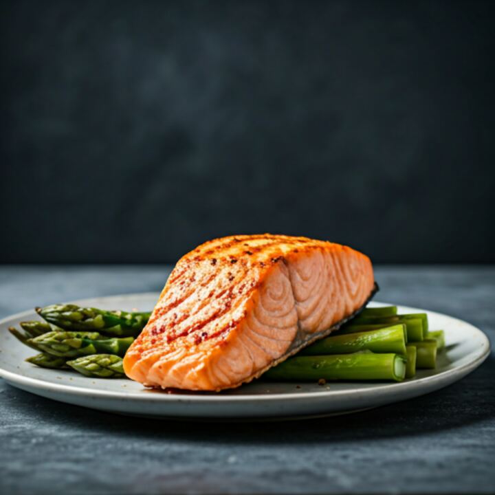 Roast salmon on a white plate with charred asparagus